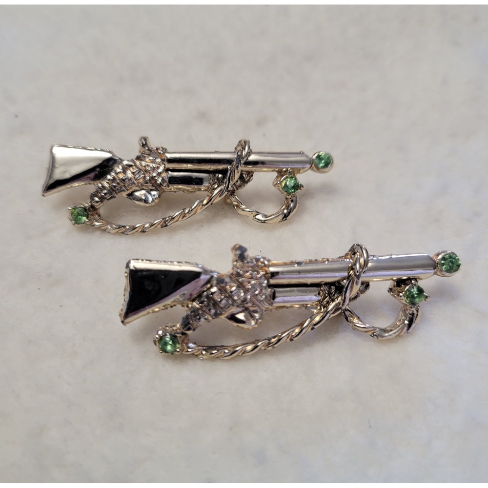 Vintage 1950s Costume‎ Jewelry Rhinestone Gold Tone Rifle Scatter Pin Set 2" gun